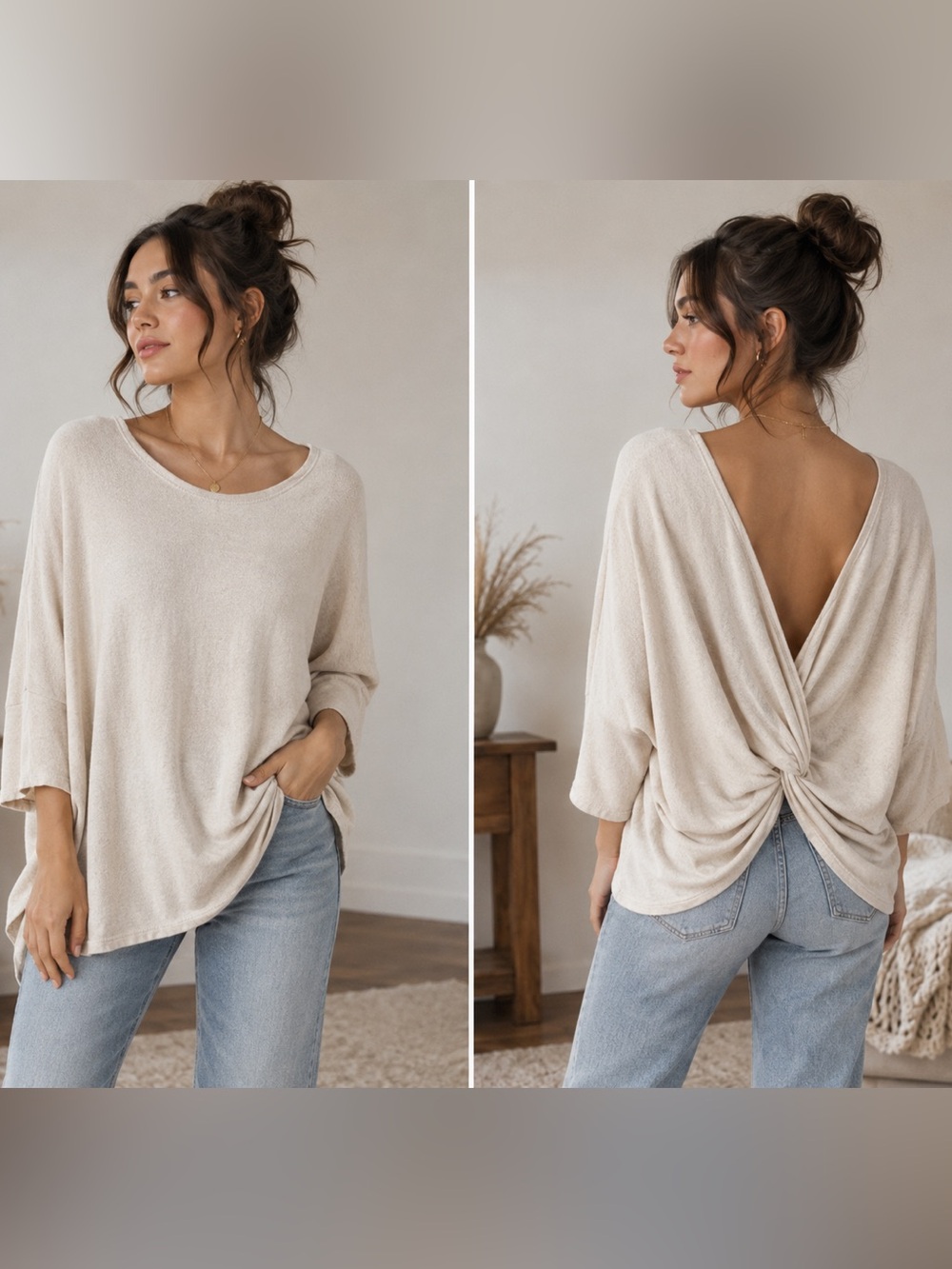 ThirdLove Slouchy Twist Back Cream Modal Oversized Soft Sweater Top XL